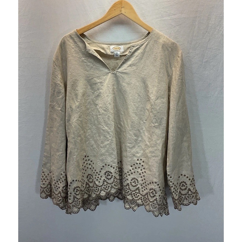 Talbots Shirt Womens 18W 100% Linen Eyelet Peasant top V Neck Boho beach Cruise